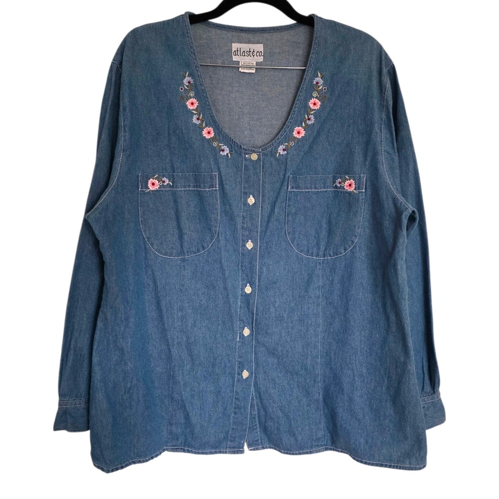 Vintage At Last &‎ Co Floral Embroidered Denim Button Down Shirt Plus Size 18 20